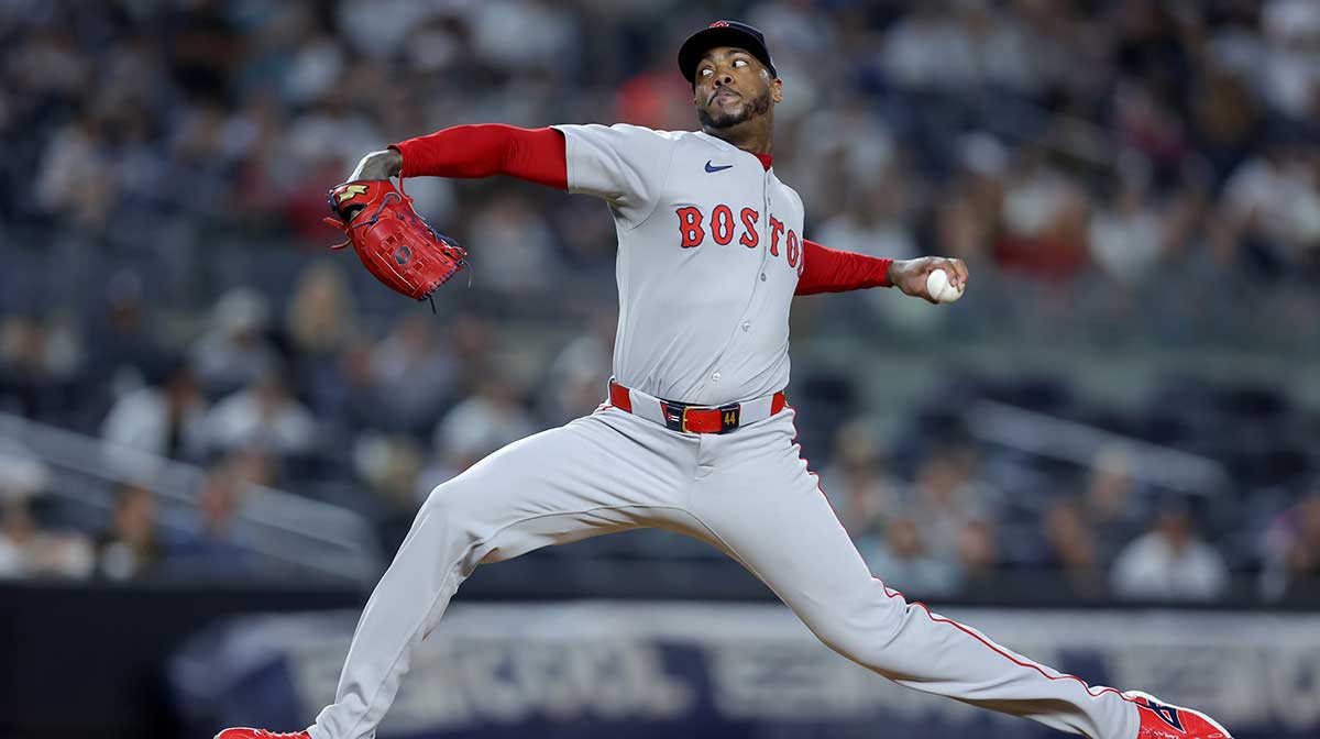 Boston Red Sox relief pitcher Aroldis Chapman (44) pitches against the New York Yankees during the ninth inning at Yankee Stadium.