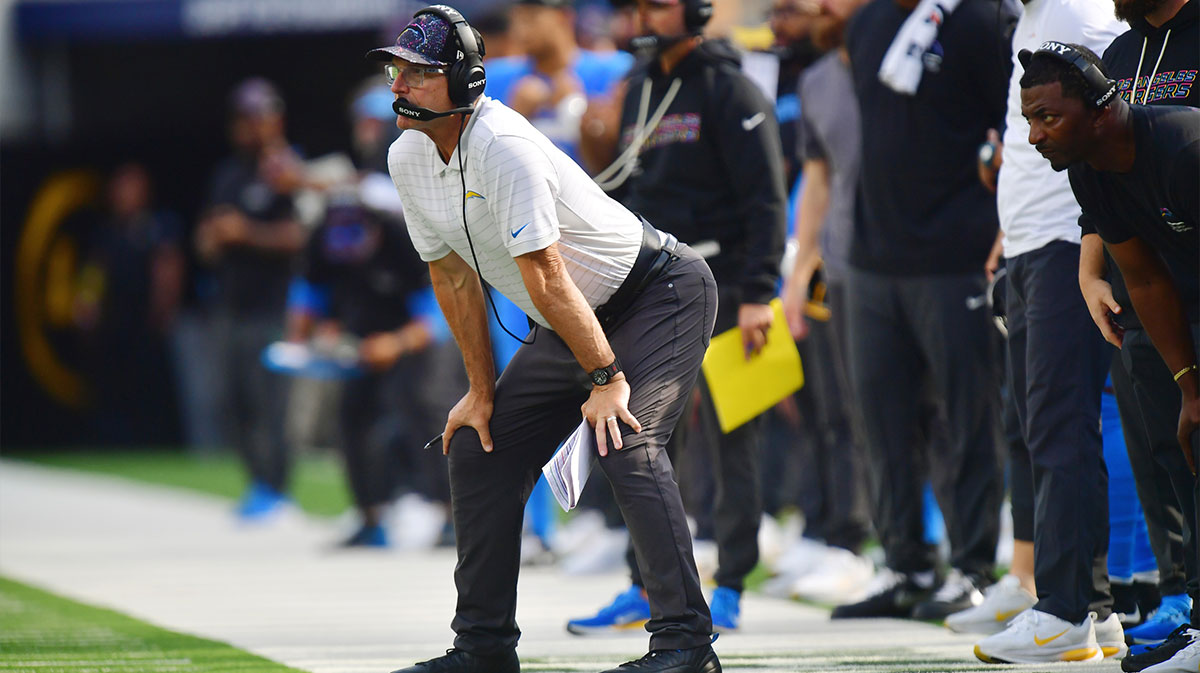 Los Angeles Chargers head coach Jim Harbaugh looks on in the second half against the Washington Commanders at SoFi Stadium.