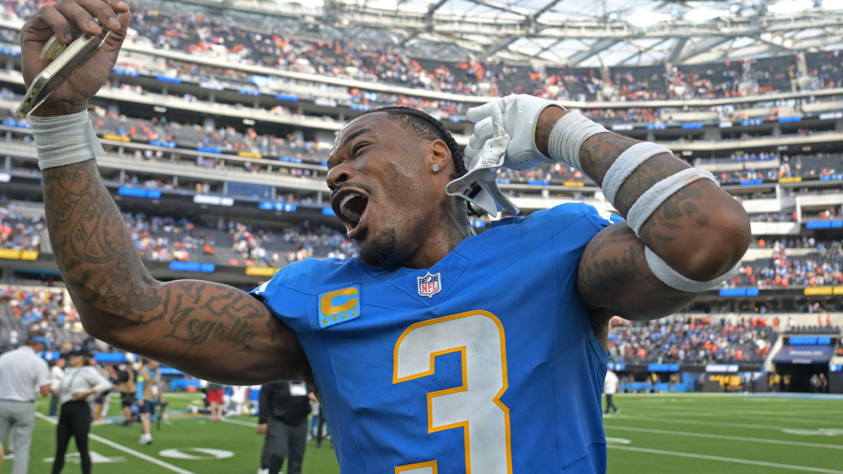 Los Angeles Chargers free safety Derwin James (3) celebrates after defeating the Denver Broncos 23-20 at SoFi Stadium.