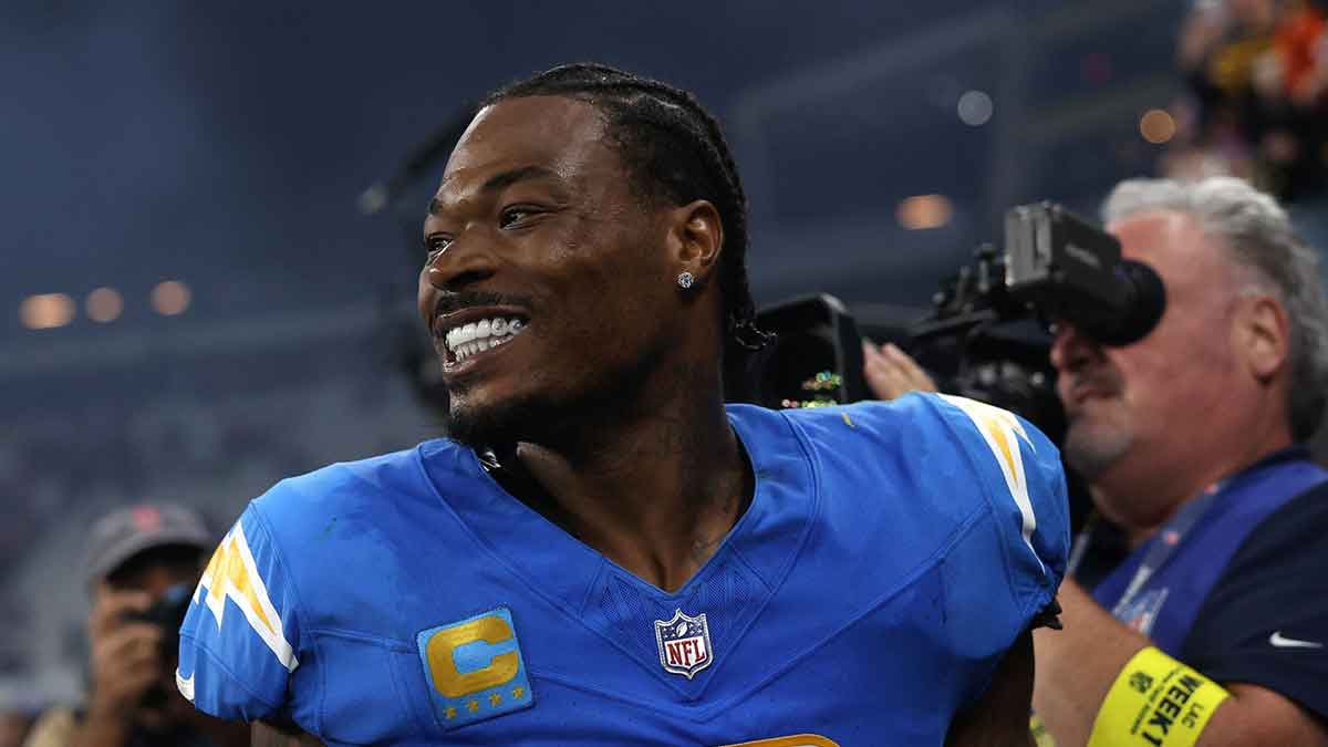 Los Angeles Chargers safety Derwin James Jr. (3) celebrates after a game against the Kansas City Chiefs at Corinthians Arena.