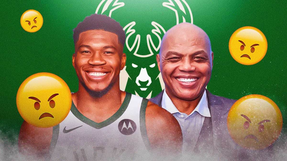 Giannis Antetokounmpo, Charles Barkley, Bucks logo in background, angry emojis surrounding Antetokounmpo and Barkley