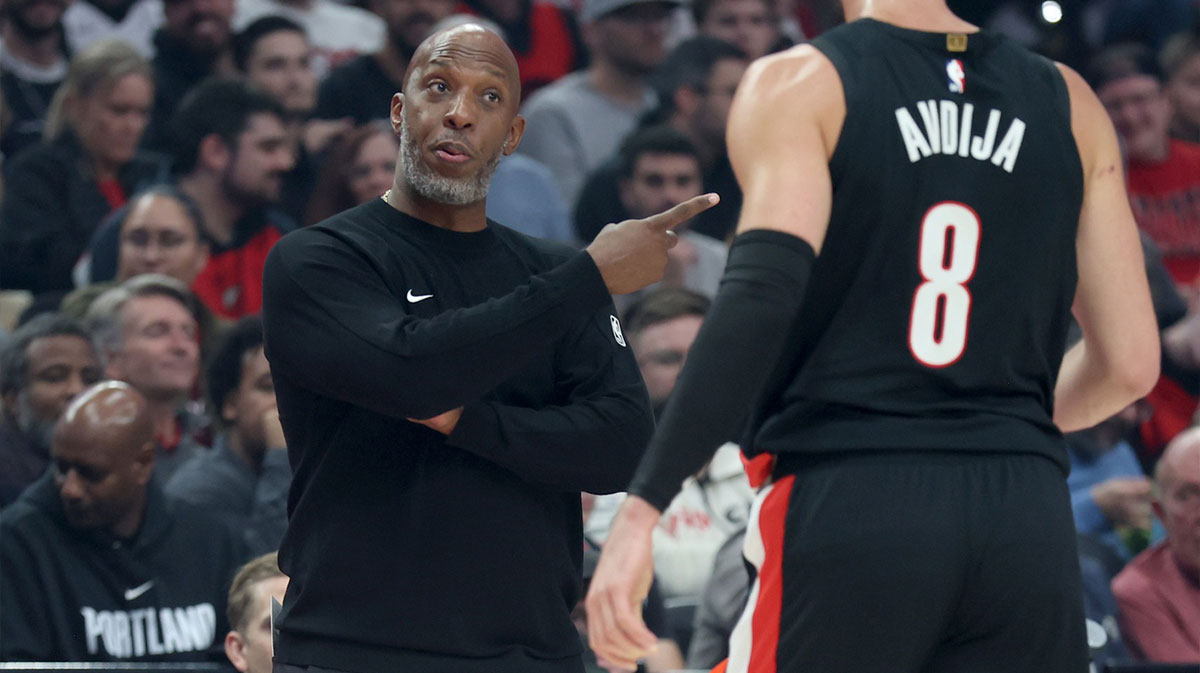 Oct 22, 2025; Portland, Oregon, USA; Portland Trail Blazers head coach Chauncey Billups talks with Portland Trail Blazers forward Deni Avdija (8) in a game against the Minnesota Timberwolves at Moda Center. Mandatory Credit: Jaime Valdez-Imagn Images