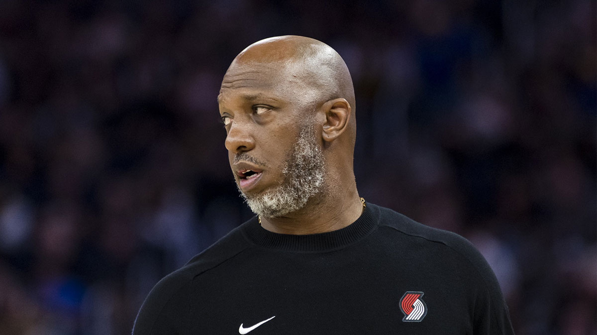 Portland Trail Blazers head coach Chauncey Billups watches the game against the Golden State Warriors during the third quarter at Chase Center.