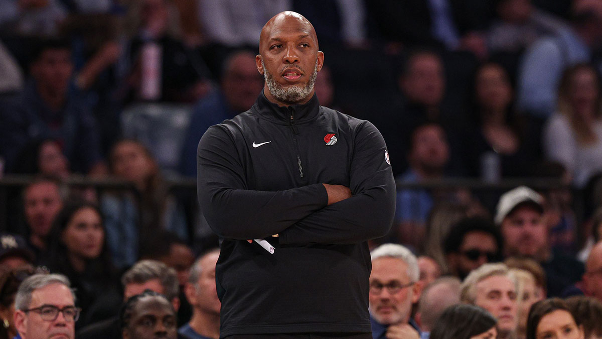 Portland Trail Blazers head coach Chauncey Billups looks on during the first half against the New York Knicks at Madison Square Garden.