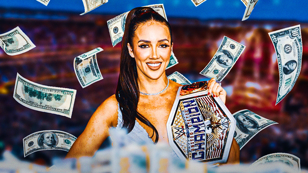 WWE star Chelsea Green, who signed a five-year contract extension, with money all around her.