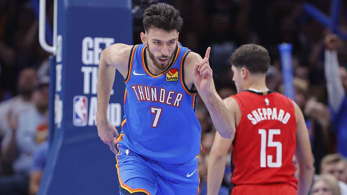 Oklahoma City Thunder center Chet Holmgren (7) gestures after scoring against the Houston Rockets during the second half at Paycom Center.