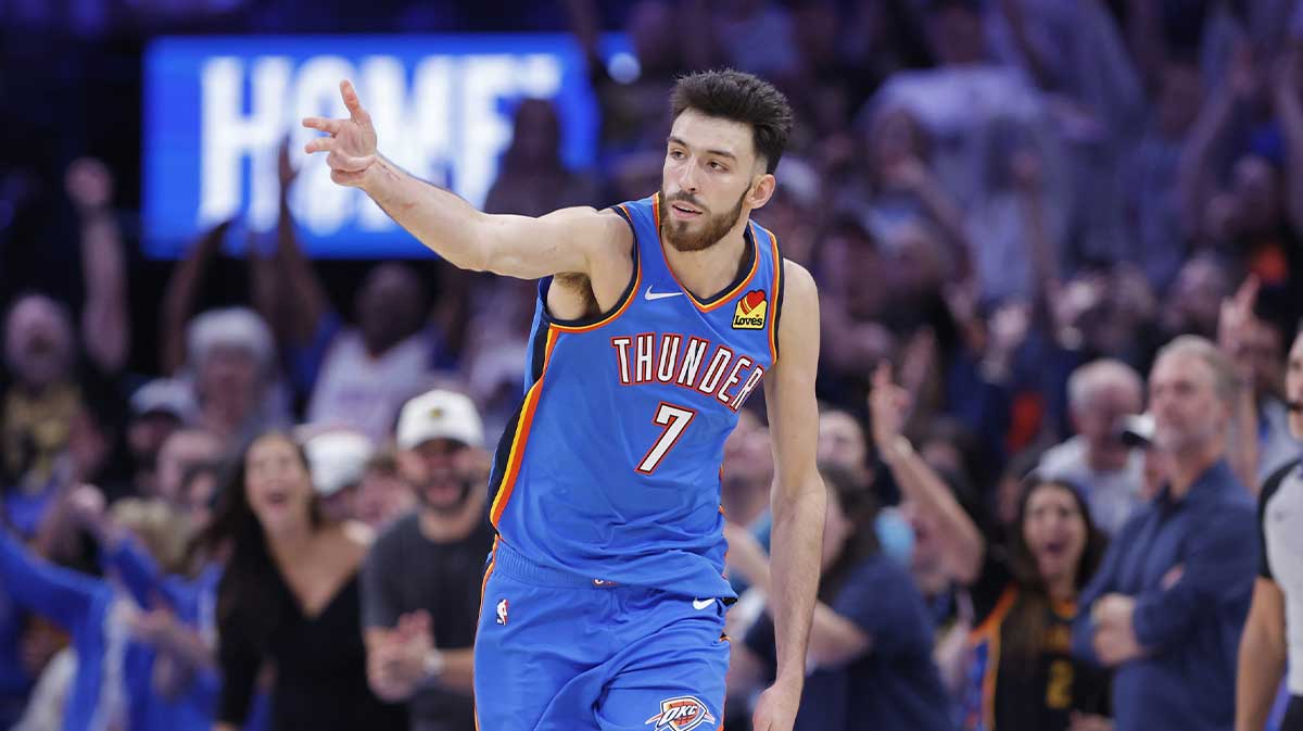 Oklahoma City Thunder center Chet Holmgren (7) gestures after scoring a three point basket against the Houston Rockets during overtime at Paycom Center.