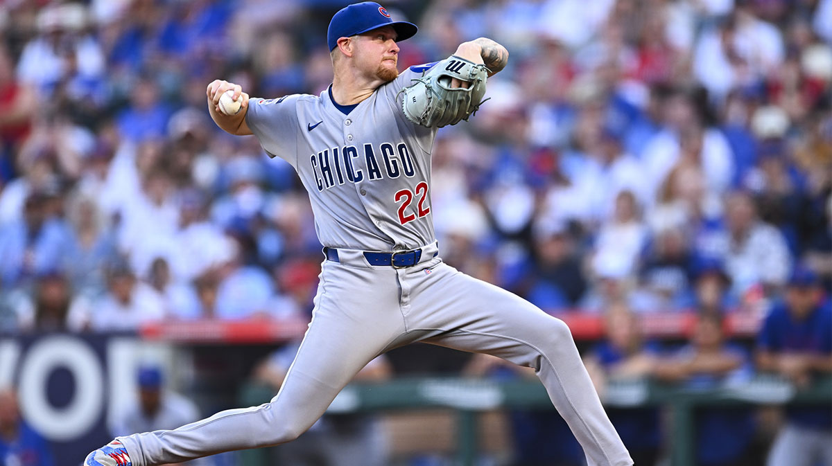 Chicago Cubs starting pitcher Cade Horton (22) throws a pitch against the Los Angeles Angels during the first inning at Angel Stadium.