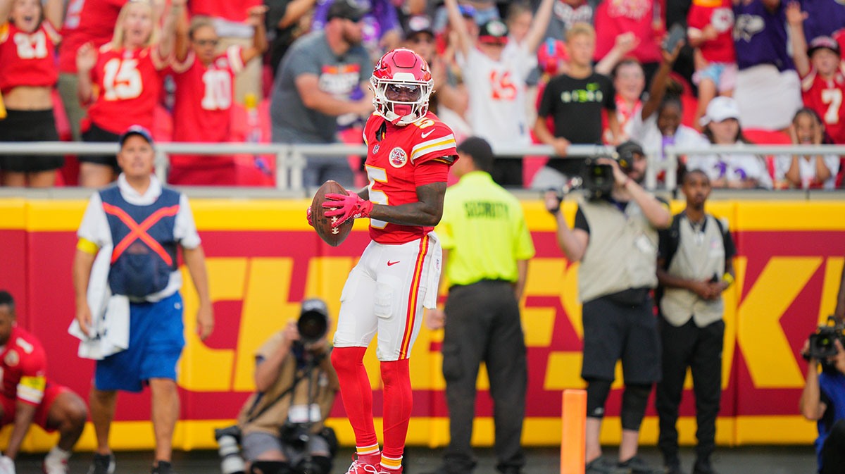 Kansas City Chiefs wide receiver Hollywood Brown (5) scores a touchdown during the fourth quarter against the Baltimore Ravens at GEHA Field at Arrowhead Stadium.