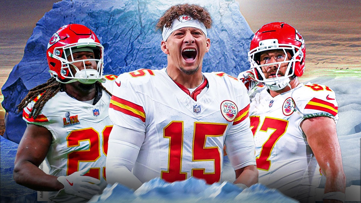 Patrick Mahomes, Kareem Hunt, Rashee Rice, Travis Kelce all beside each other, Iceberg in the background