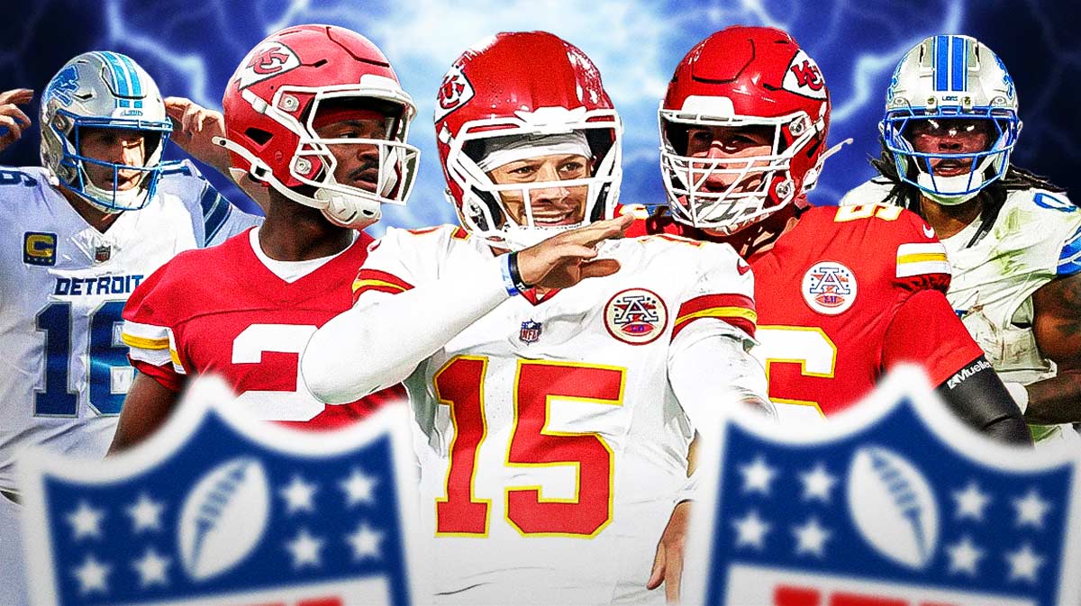 Patrick Mahomes, Tyquan Thornton, George Karlaftis beside each other, Jared Goff, Jahmyr Gibbs around them, Lightning in the background