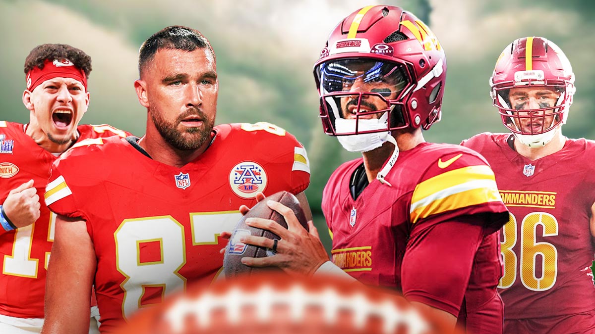 Patrick Mahomes, Travis Kelce on one side, Marcus Mariota, Zach Ertz on the other side, Tornado in the background