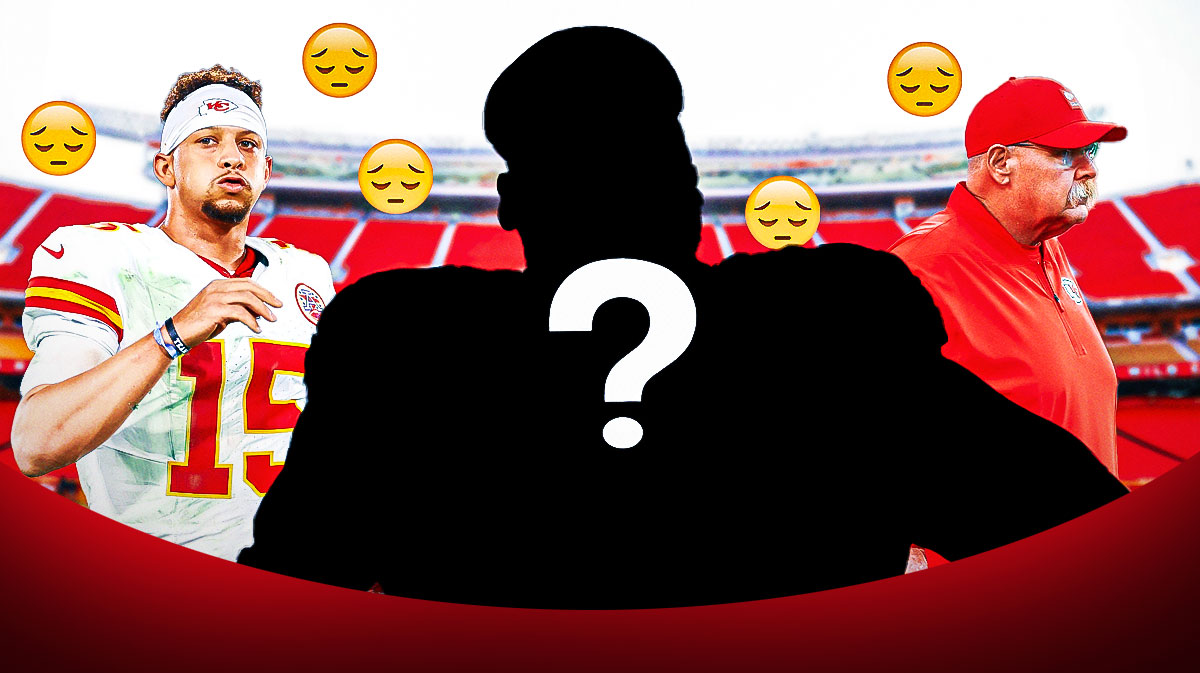 Kansas City Chiefs head coach Andy Reid next to Chiefs QB Patrick Mahomes and a silhouette of an American football player with a big question mark emoji inside. They are all surrounded by sad emojis.