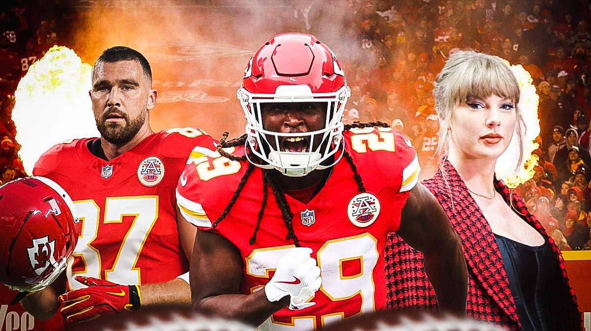 Kansas City Chiefs stars Travis Kelce and Kareem Hunt with Taylor Swift.