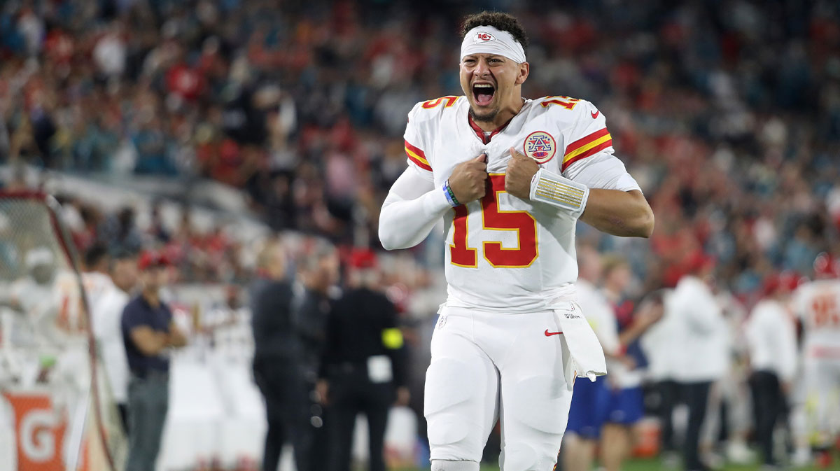 Kansas City Chiefs quarterback Patrick Mahomes (15) yells before a game against the Jacksonville Jaguars at EverBank Stadium. Mandatory Credit: