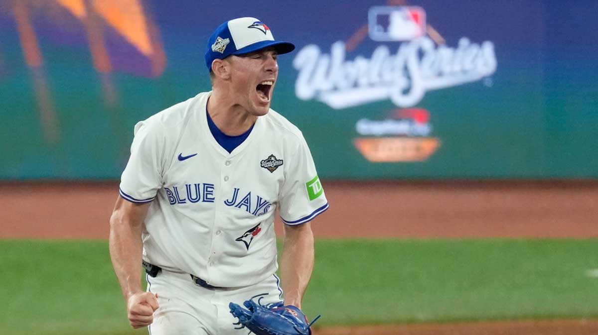 Toronto Blue Jays pitcher Chris Bassitt (40) celebrates after throwing against the Los Angeles Dodgers in the eighth inning during game one of the 2025 MLB World Series at Rogers Centre.