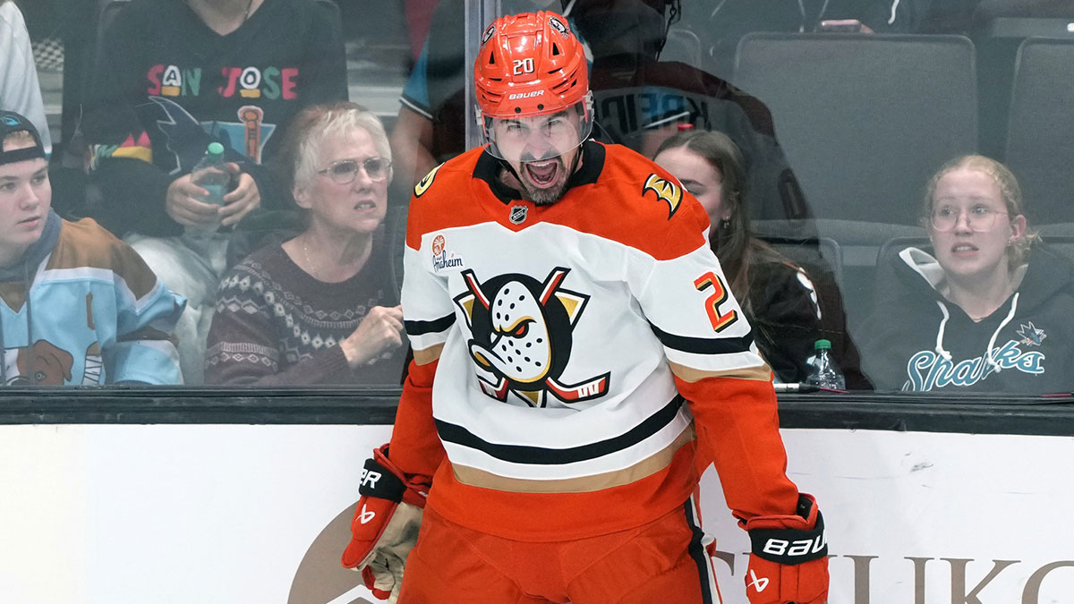 Anaheim Ducks left wing Chris Kreider (20) reacts after scoring a goal against the San Jose Sharks during the third period at SAP Center at San Jose.