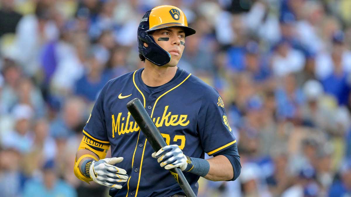Milwaukee Brewers left fielder Christian Yelich (22) reacts after striking out against the Los Angeles Dodgers in the sixth inning during game three of the NLCS round for the 2025 MLB playoffs at Dodger Stadium.