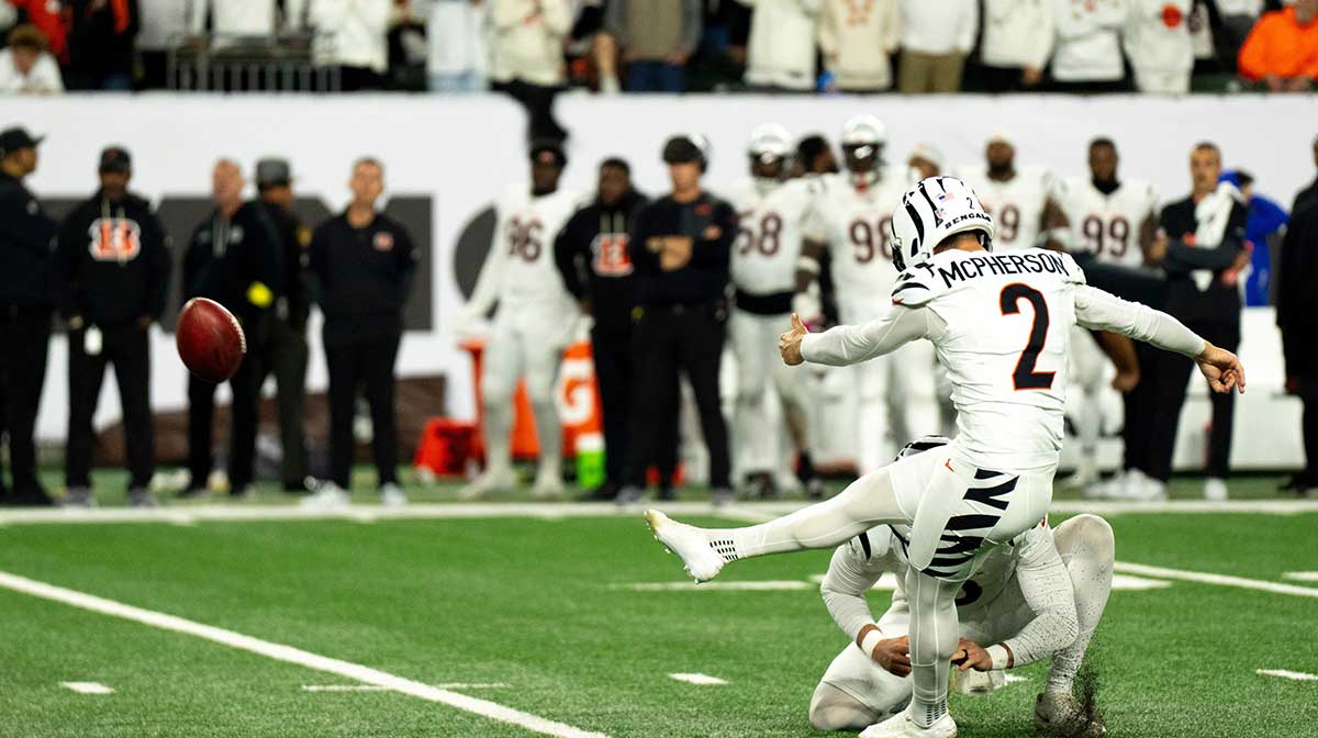 Cincinnati Bengals place kicker Evan McPherson (2) kicks the go ahead field goal with 7 seconds