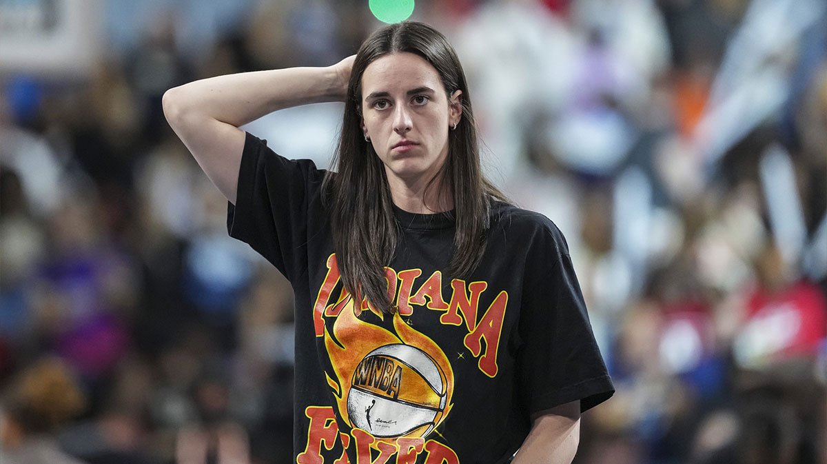 Indiana Fever guard Caitlin Clark (22) shown on the court against the Atlanta Dream during the first half during game three of round one for the 2025 WNBA Playoffs at Gateway Center Arena at College Park.