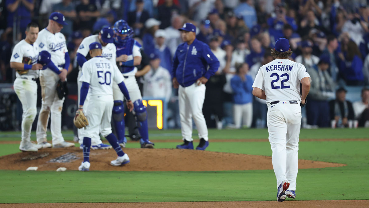 Los Angeles Dodgers pitcher Clayton Kershaw (22) enters the game during the eleventh inning against the Toronto Blue Jays in game three of the 2025 MLB World Series at Dodger Stadium.