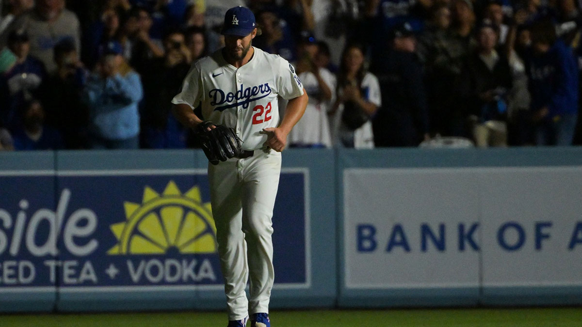 Los Angeles Dodgers pitcher Clayton Kershaw (22) enters the game to pitch during the seventh inning against the Philadelphia Phillies during game three of the NLDS round for the 2025 MLB playoffs at Dodger Stadium.