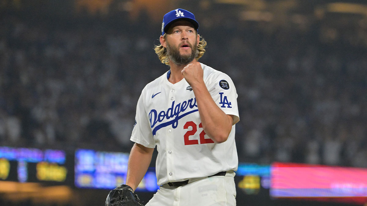 Los Angeles Dodgers pitcher Clayton Kershaw (22) reacts in the twelfth inning against the Toronto Blue Jays during game three of the 2025 MLB World Series at Dodger Stadium.