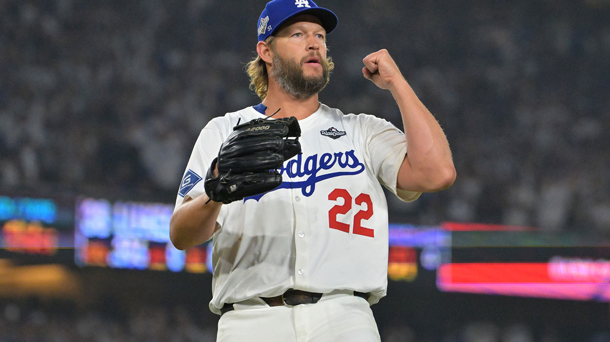 Los Angeles Dodgers pitcher Clayton Kershaw (22) reacts in the twelfth inning against the Toronto Blue Jays during game three of the 2025 MLB World Series at Dodger Stadium. Mandatory Credit: Jayne Kamin-Oncea-Imagn Images