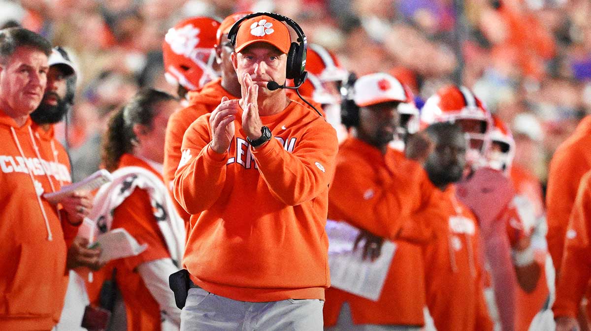 Clemson Tigers head coach Dabo Swinney calls time out during the first half against the Boston College Eagles at Alumni Stadium.