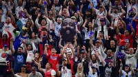 Los Angeles Clippers fans cheer against the Portland Trail Blazers during the first half at Intuit Dome.