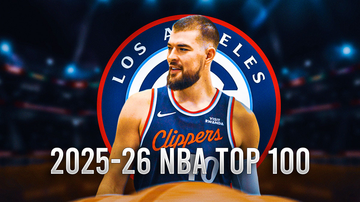 Clippers center Ivica Zubac with the words 2025-26 NBA Top 100 in front of him and the Clippers logo in the background