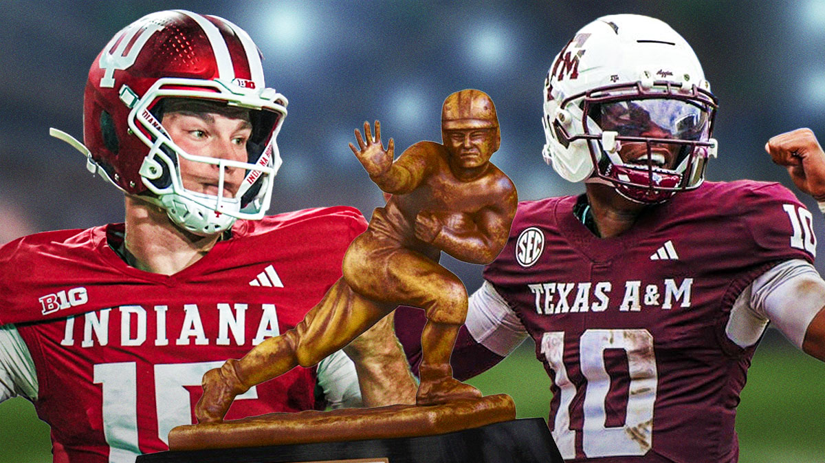 Fernando Mendoza and Marcel Reed with the Heisman Trophy in the center.