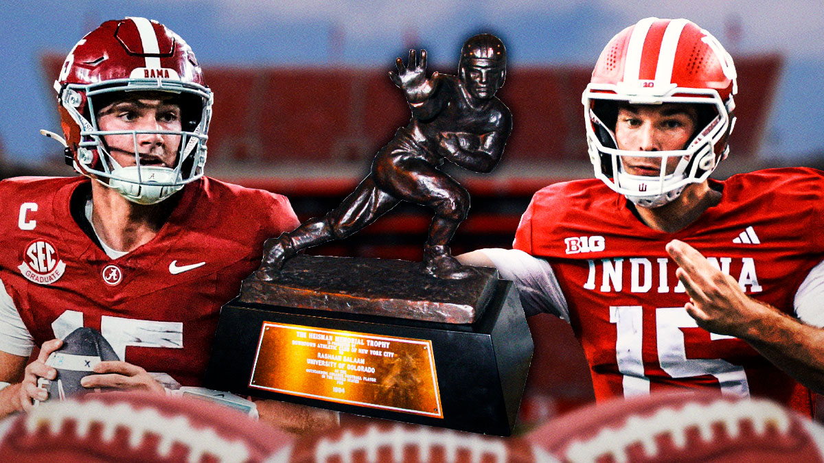 Ty Simpson and Fenrando Mendoza on the outsides. The Heisman Trophy in the middle.