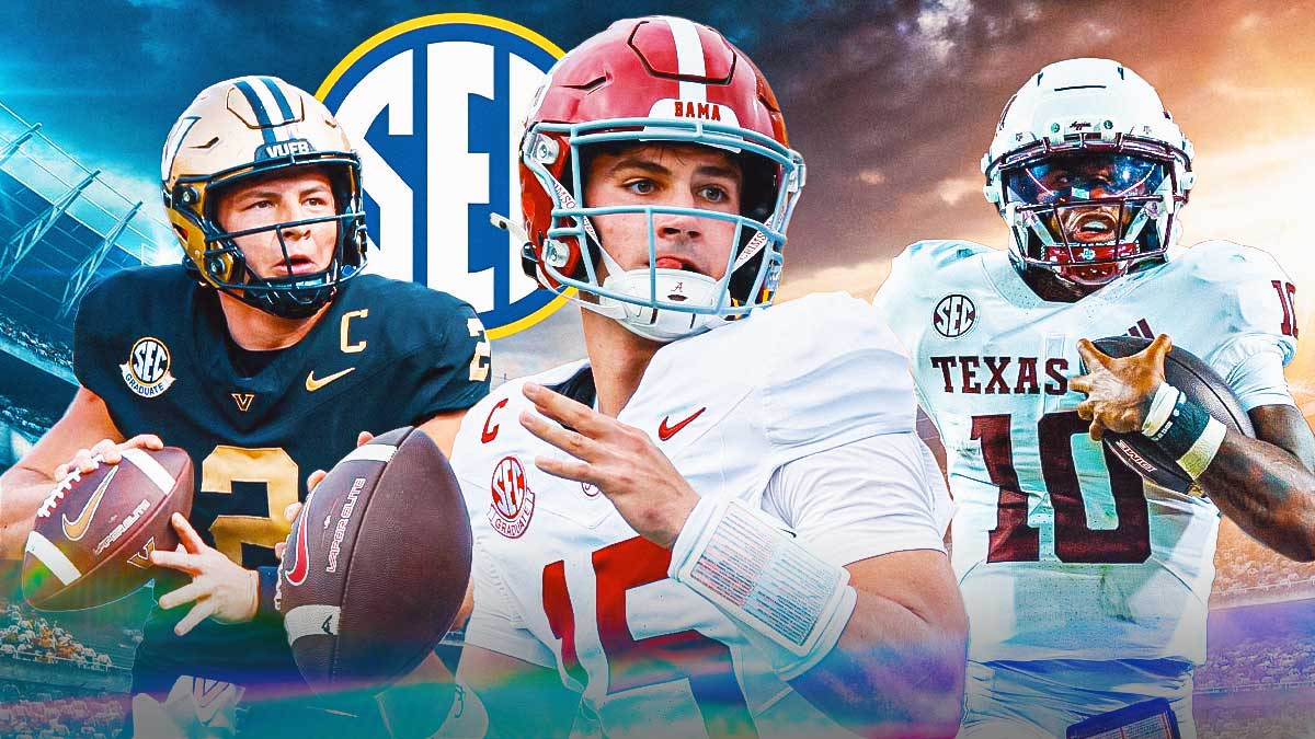 Ty Simpson in the center, Marcel Reed and Diego Pavia on the outsides. SEC logo in the background.