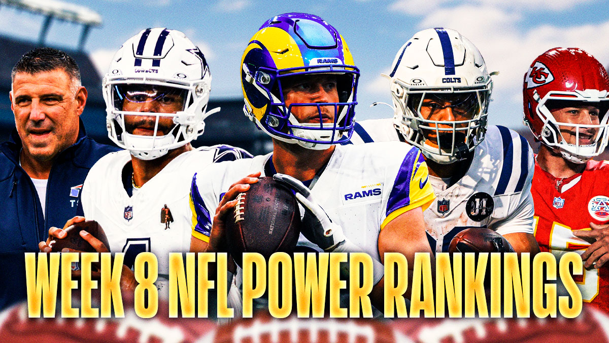 Cutouts of, from left, Patriots HC Mike Vrabel, Cowboys QB Dak Prescott, Rams QB Matthew Stafford, Colts RB Jonathan Taylor and Chiefs QB Patrick Mahomes with the words Week 8 NFL Power Rankings at the bottom