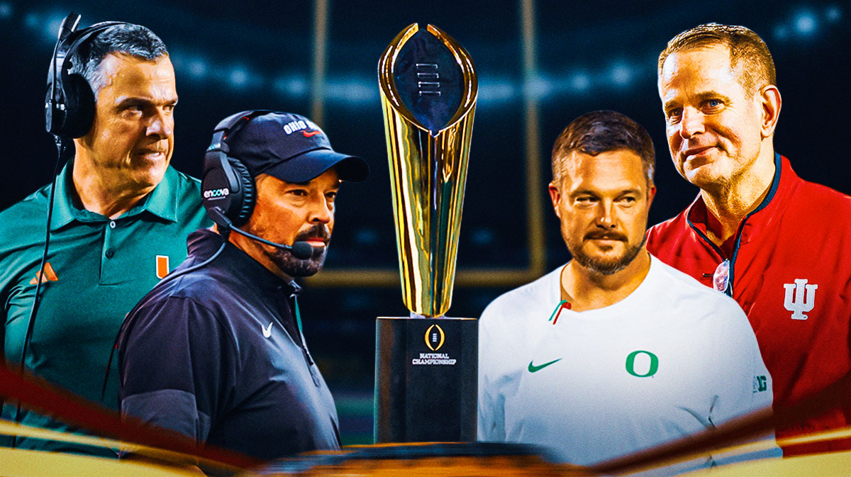 Mario Cristobal, Ryan Day, Curt Cignetti, and Dan Lanning with the CFP Trophy in the middle.