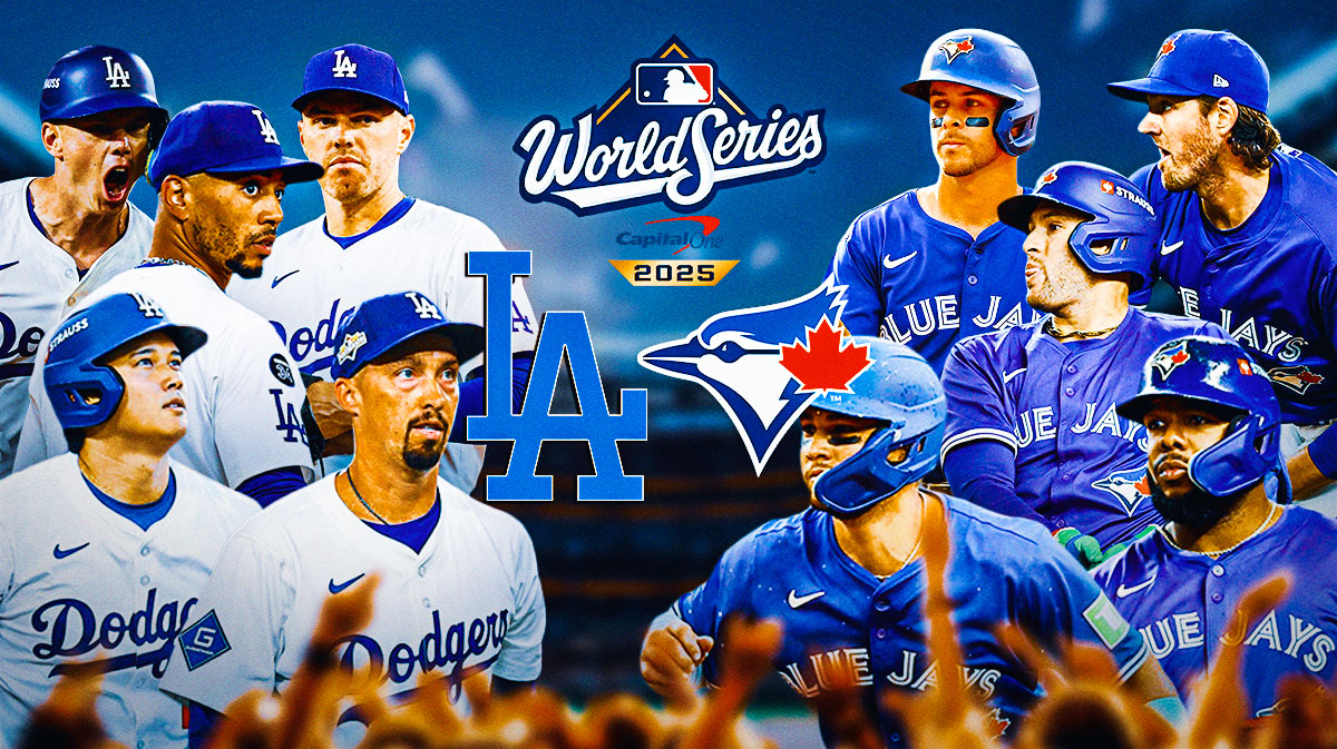 Shohei Ohtani, Blake Snell, Mookie Betts, Will Smith, Freddie Freeman on one side. Other side is Vladimir Guerrero Jr., Bo Bichette, George Springer, Kevin Gausman, Ernie Clement. World Series logo and Dodgers and Blue Jays logos front and center.
