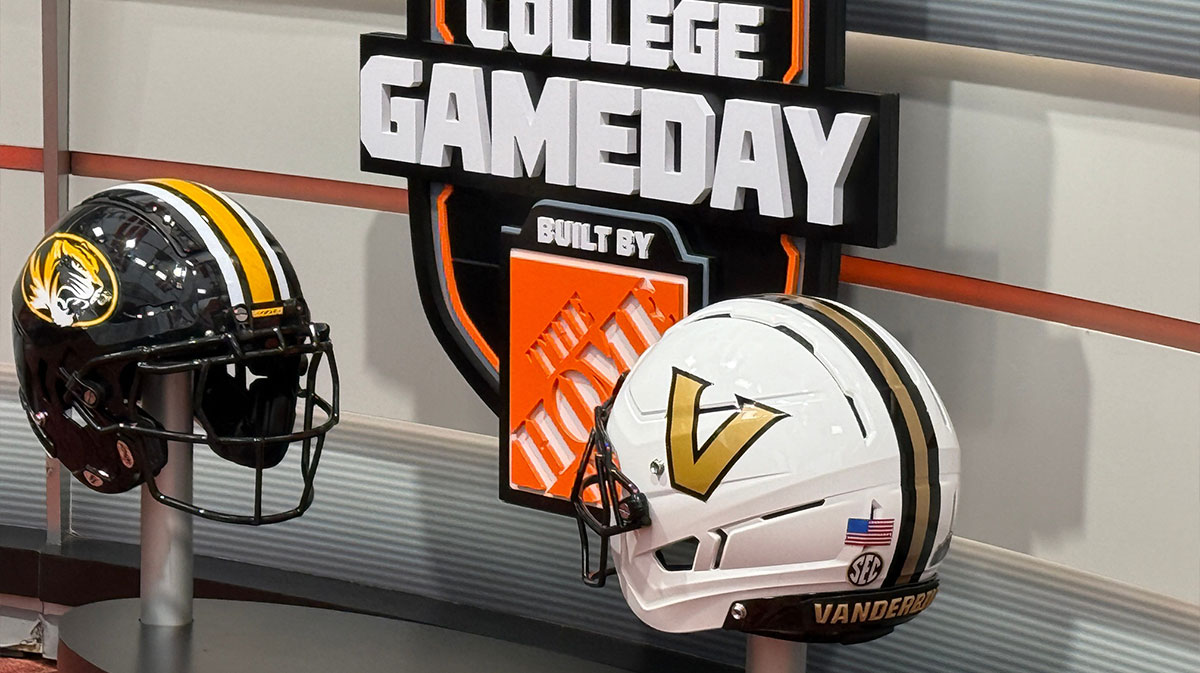 Vanderbilt and Missouri helmets are displayed on the set of ESPN's College Game Day, which will broadcast from Nashville, Tennessee.