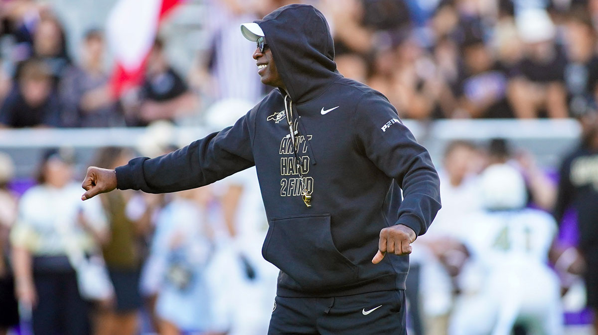 Colorado Buffaloes head coach Deion Sanders on the field during warm ups prior to a game against the TCU Horned Frogs at Amon G. Carter Stadium.