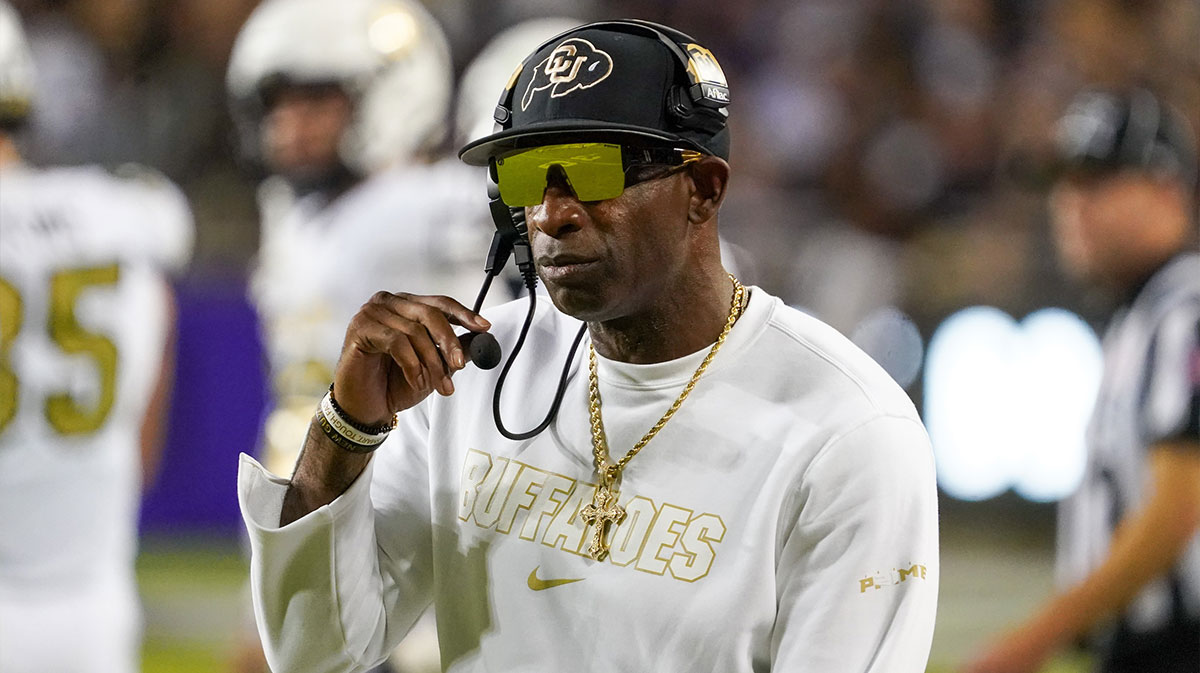Colorado Buffaloes head coach Deion Sanders on the sidelines during the first half against the TCU Horned Frogs at Amon G. Carter Stadium.