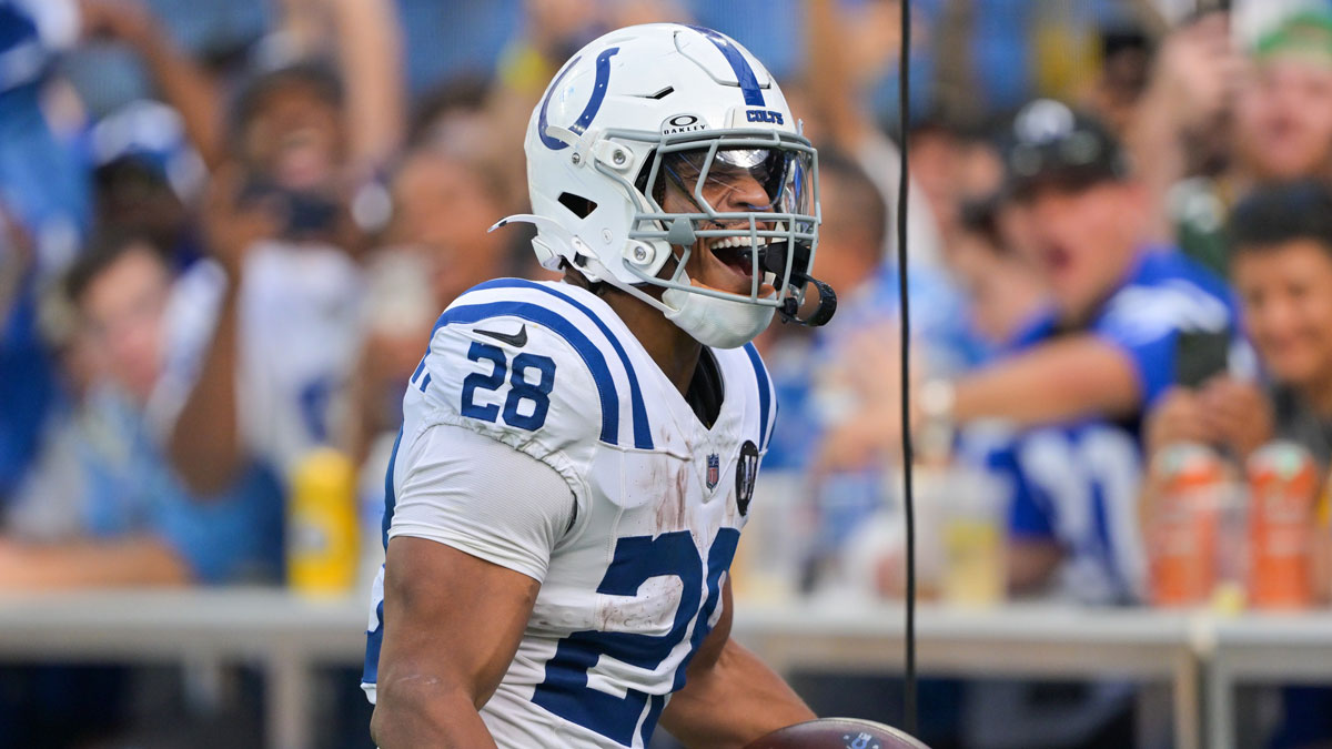 Indianapolis Colts running back Jonathan Taylor (28) celebrates a touchdown in the second half against the Los Angeles Chargers at SoFi Stadium.