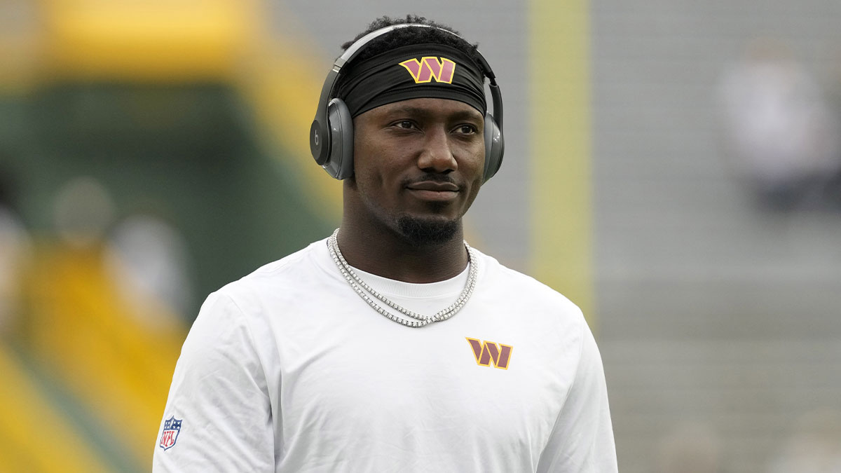 Washington Commanders wide receiver Deebo Samuel (1) looks on before the game against the Green Bay Packers at Lambeau Field.