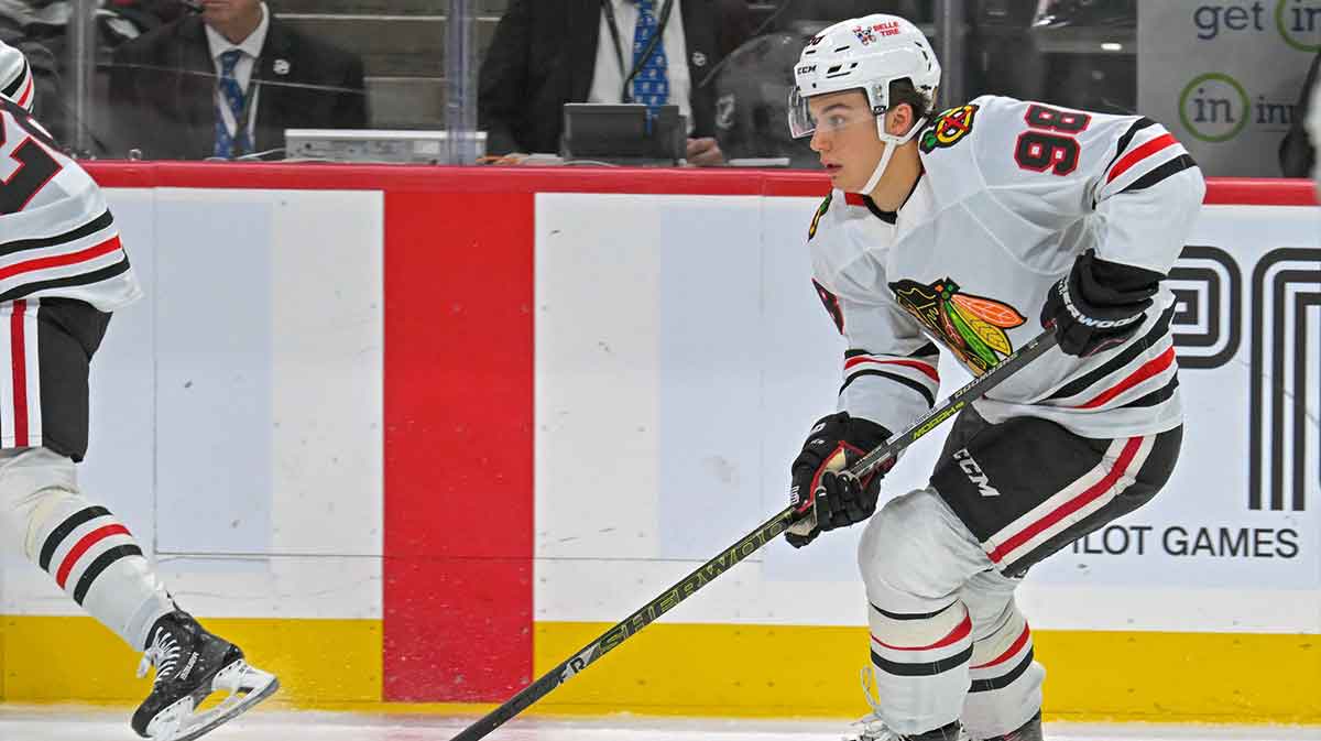 Chicago Blackhawks forward Connor Bedard (98) controls the puck against the Minnesota Wild during the third period at Xcel Energy Center.
