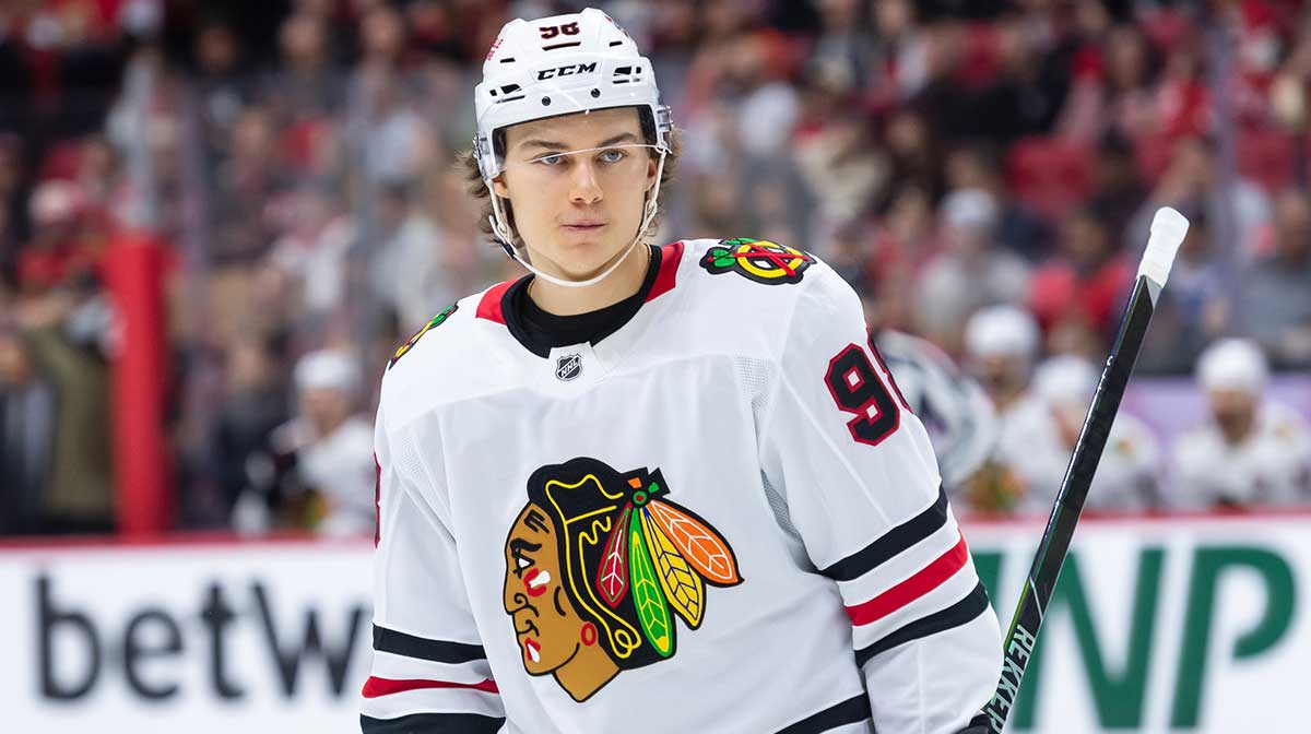 Chicago Blackhawks center Connor Bedard (98) skates in the second period against the Ottawa Senators at the Canadian Tire Centre.