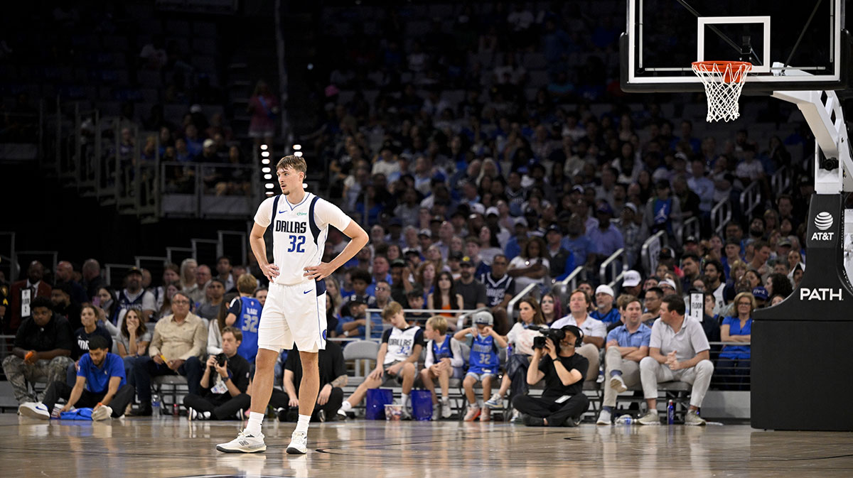 Dallas Mavericks forward Cooper Flagg (32) looks on during the second quarter against the Oklahoma City Thunder at Dickie's Arena.