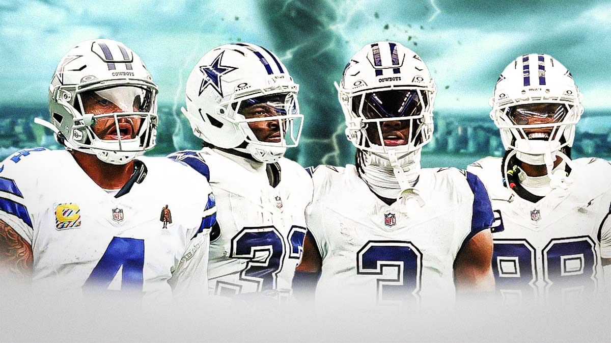 Dak Prescott, Javonte Williams on one side, George Pickens, CeeDee Lamb on the other side, Tornado in the background