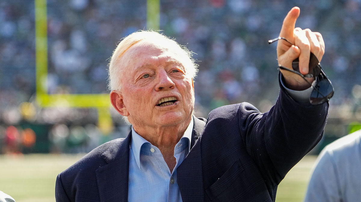 Dallas Cowboys Owner, President and general manager Jerry Jones stands on the field prior to a game against the New York Jets at MetLife Stadium.