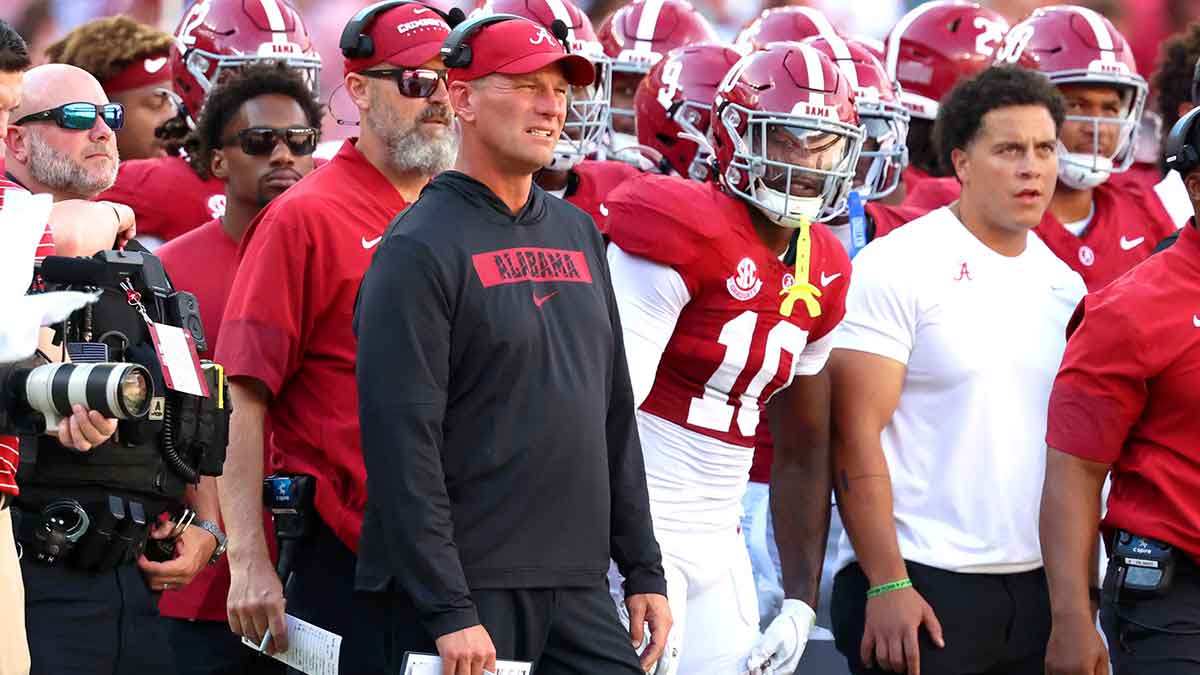 Alabama Crimson Tide head coach Kalen DeBoer watches from the sidelines during the second quarter against the Vanderbilt Commodores at Saban Field at Bryant-Denny Stadium.