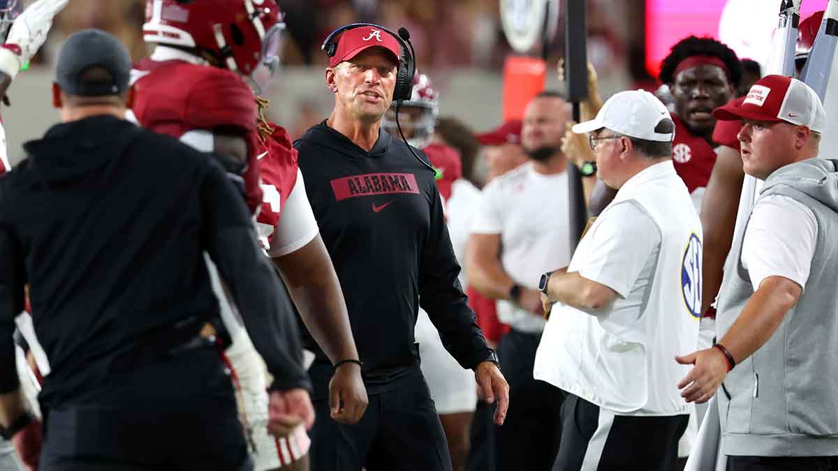 Alabama Crimson Tide head coach Kalen DeBoer paces the sidelines during the first quarter against the Louisiana Monroe Warhawks at Saban Field at Bryant-Denny Stadium.