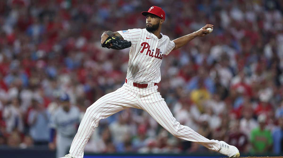 Philadelphia Phillies pitcher Cristopher Sanchez (61) pitches against the Los Angeles Dodgers in the first inning during game one of the NLDS round for the 2025 MLB playoffs at Citizens Bank Park. 